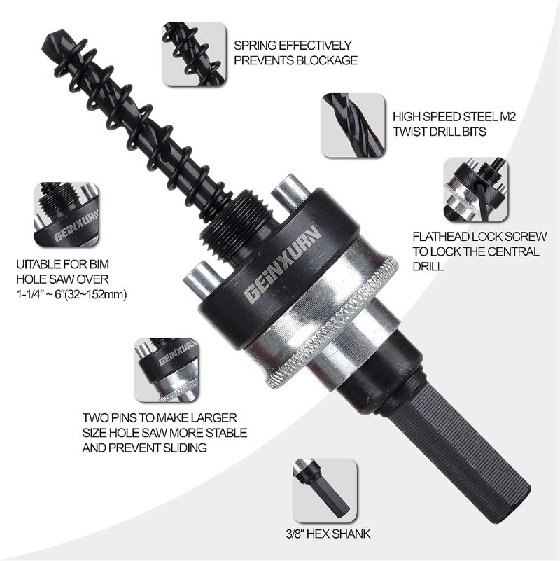 GEINXURN Heavy Duty Quick Change Hole Saw Mandrel, 7/16-Inch and 3/8 Inch Hole Saw Arbor with 3Pcs Central Drill/2PCS Hex wrench/2Pcs Spring - Image 3